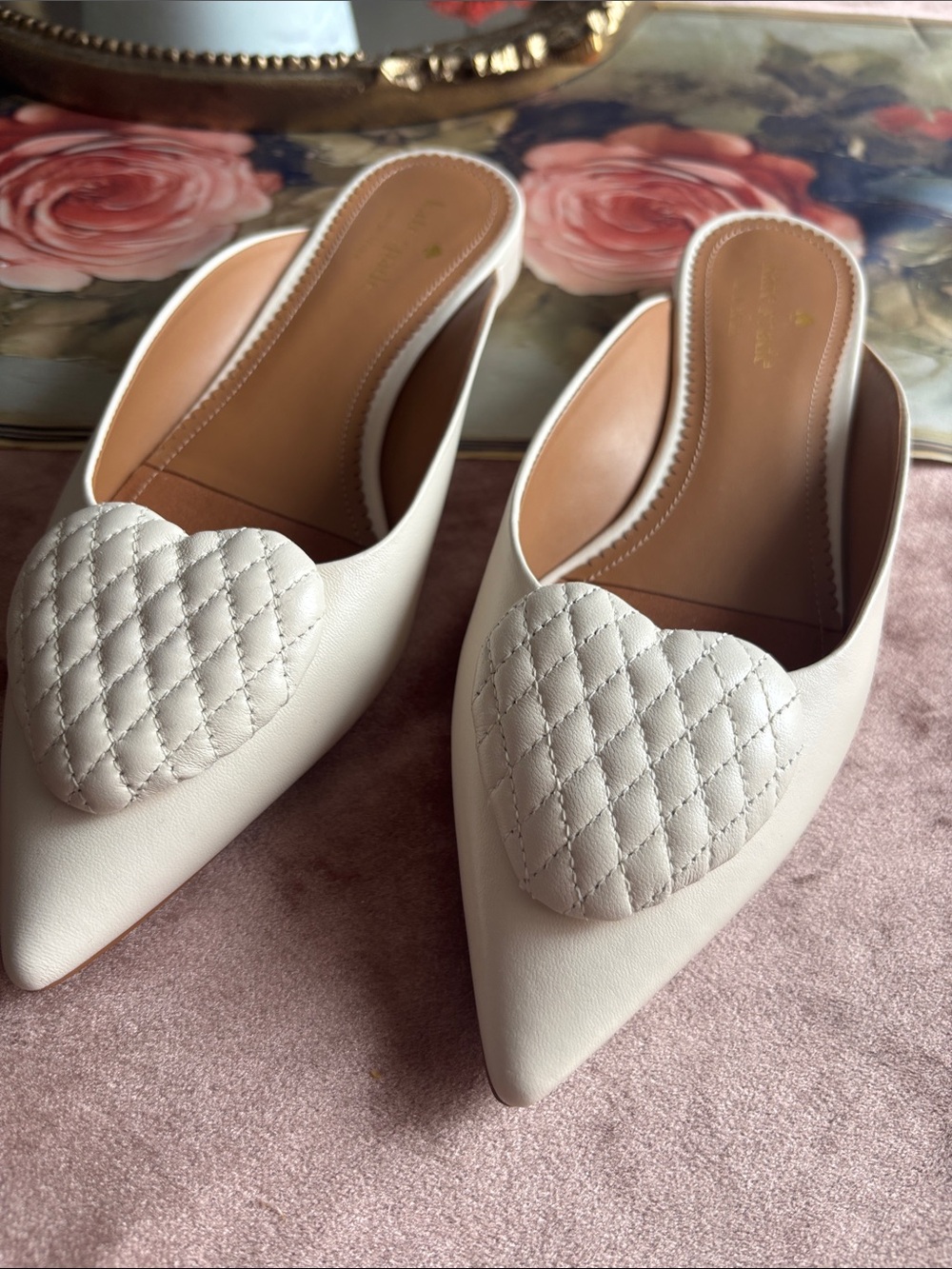 kate spade Cream Quilted Heart Pointed-Toe Mules